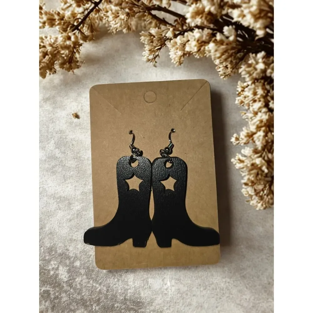 Cowgirl boots earrings black wooden laser cut hook earrings - Picture 1 of 4